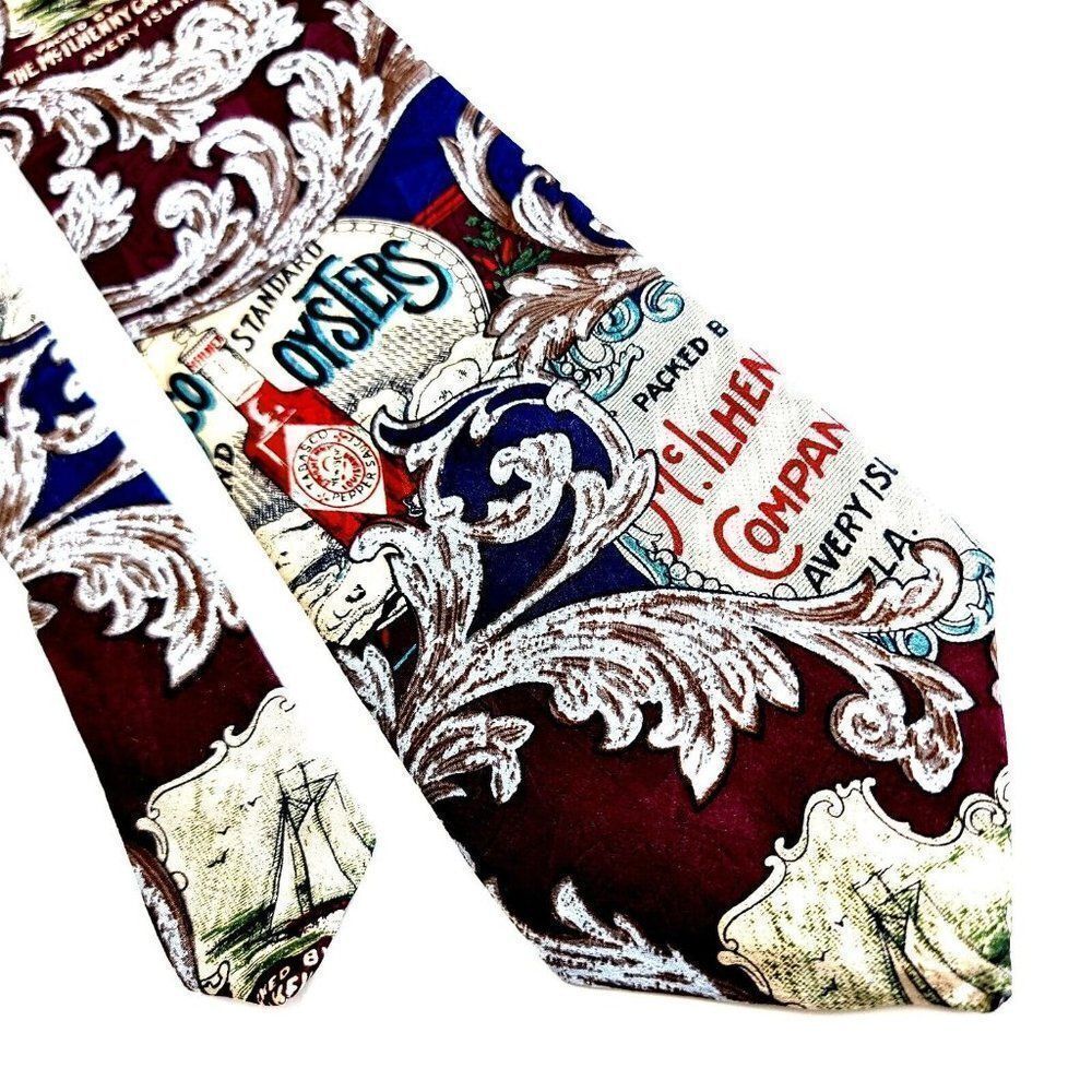 Tabasco Standard Oyster Jacquard Print Maroon Silk Tie Long Wide